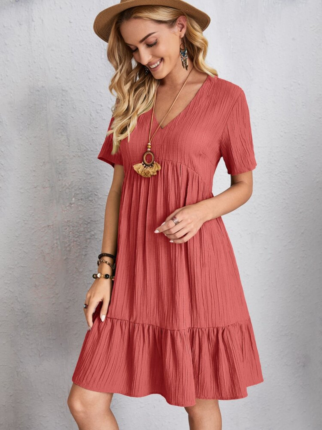 Full Size V-Neck Short Sleeve Dress - The Daily Makeover