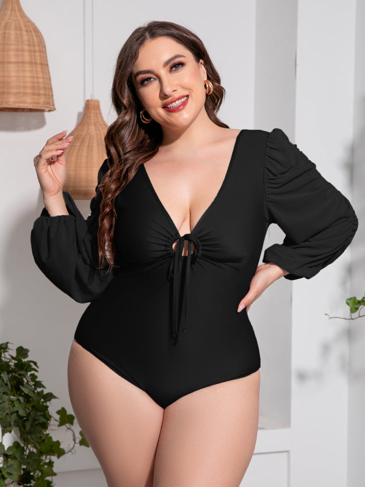 Plus Size Tied Deep V Balloon Sleeve One-Piece Swimsuit - The Daily Makeover