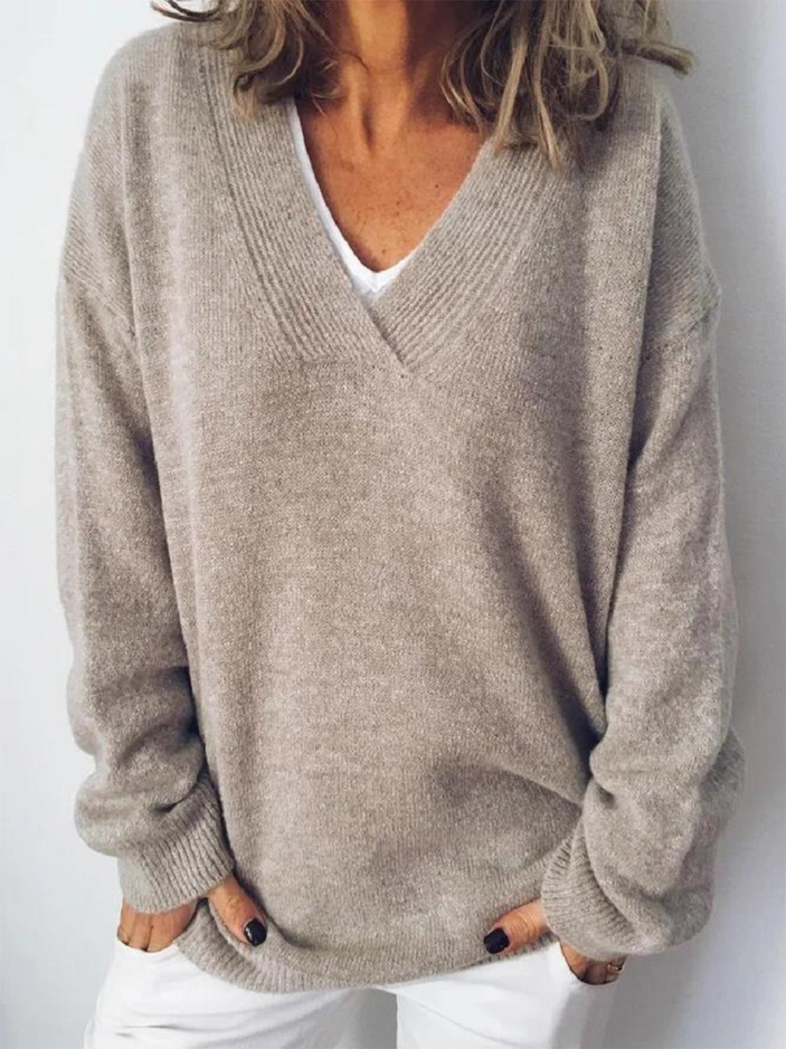 V-Neck Dropped Shoulder Sweater - The Daily Makeover