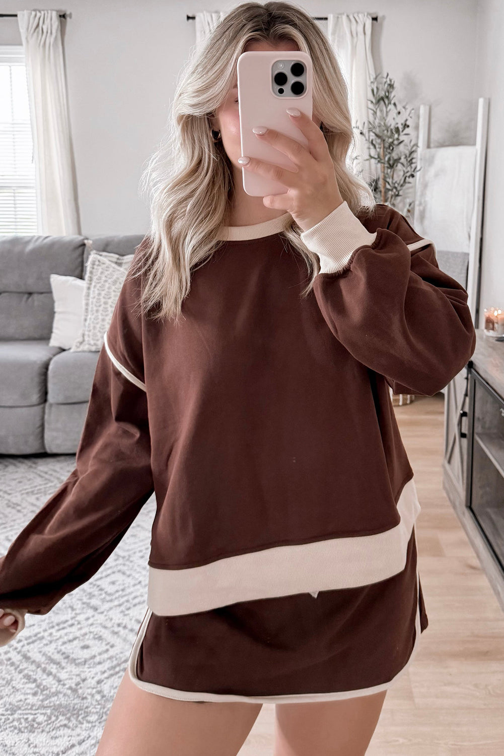 Evergreen Contrast Trim Loose Pullover and Lace-up Waist Skort Set - The Daily Makeover