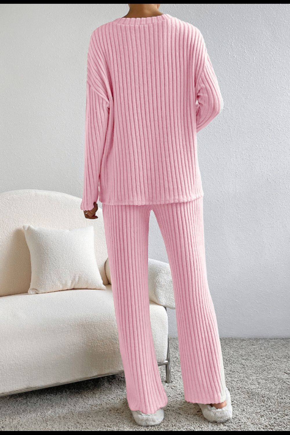Ribbed V-Neck Top and Pants Lounge Set - The Daily Makeover