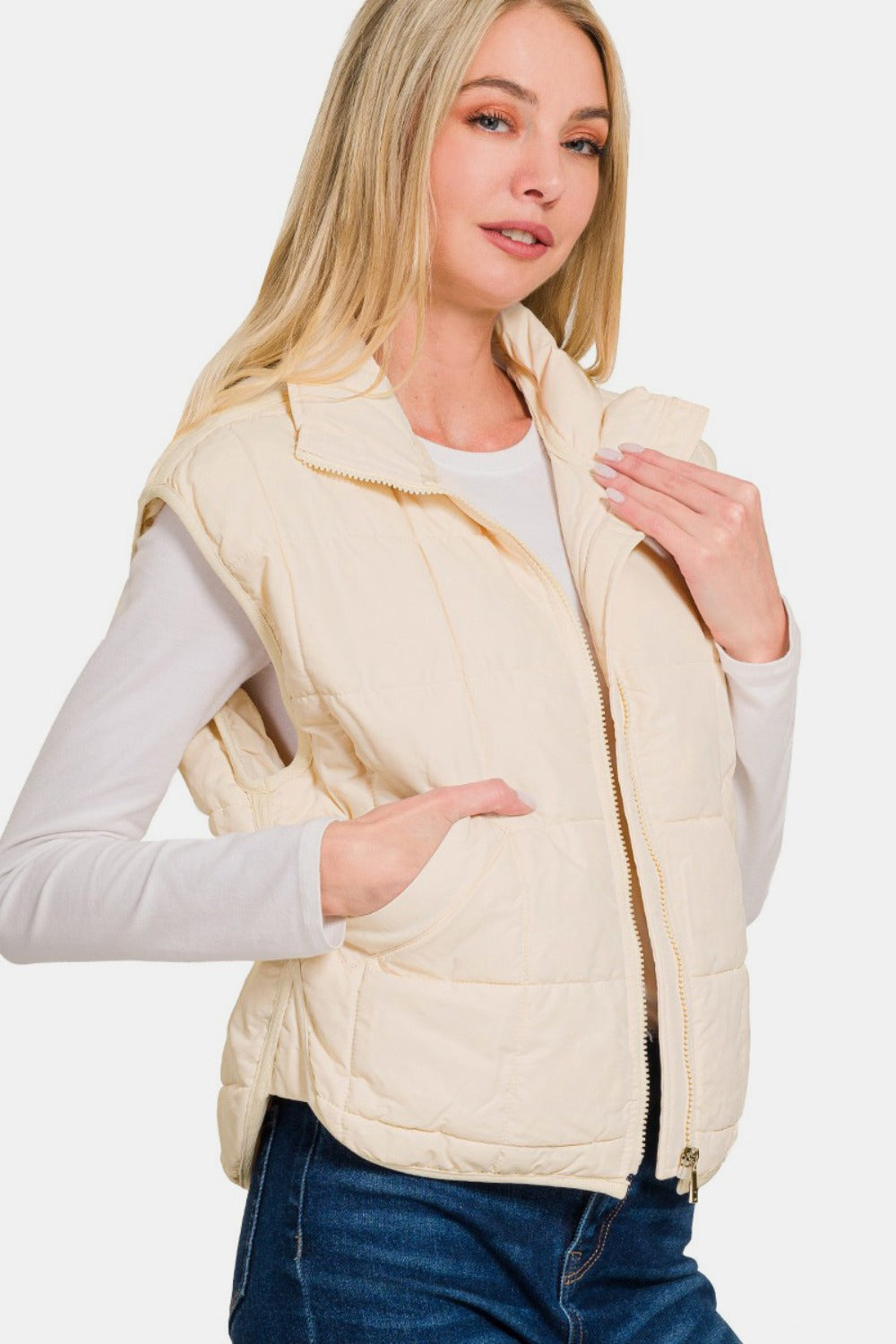 Zenana Zip Up Cropped Puffer Vest with Pockets - The Daily Makeover