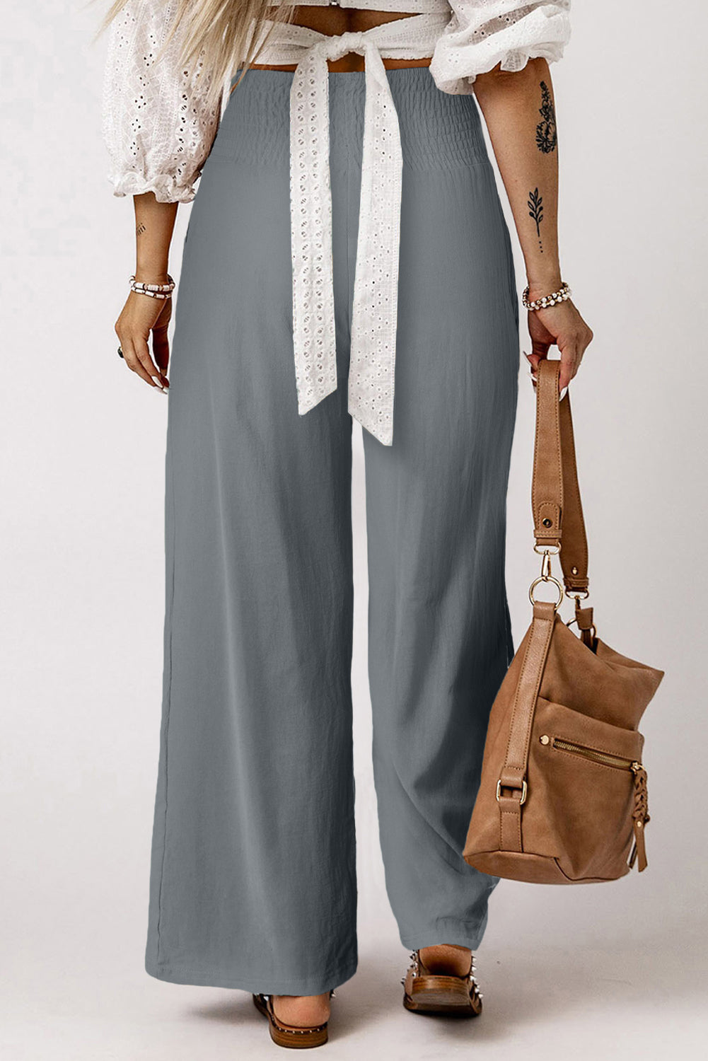 Khaki Smocked Wide Waistband High Waist Wide Leg Pants - The Daily Makeover