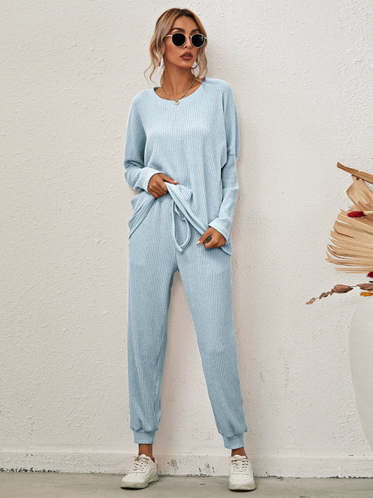 Full Size Round Neck Dropped Shoulder Top and Joggers Lounge Set - The Daily Makeover