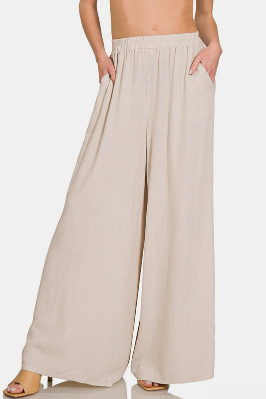 Zenana Pleated Linen Blend Wide Leg Pants - The Daily Makeover