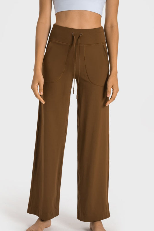 Drawstring Waist Wide Leg Sports Pants with Pockets - The Daily Makeover