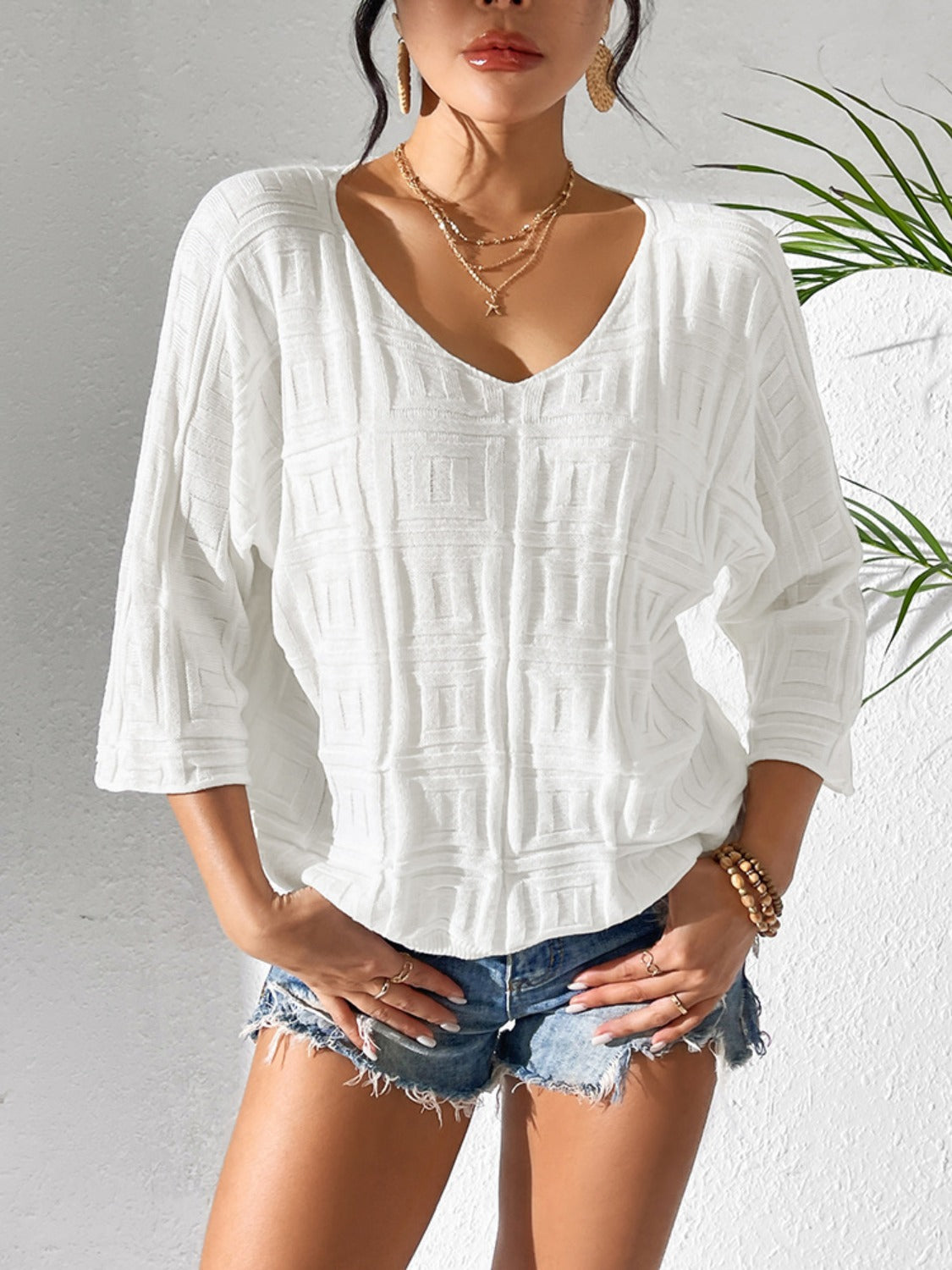 V-Neck Three-Quarter Sleeve Knit Top - The Daily Makeover