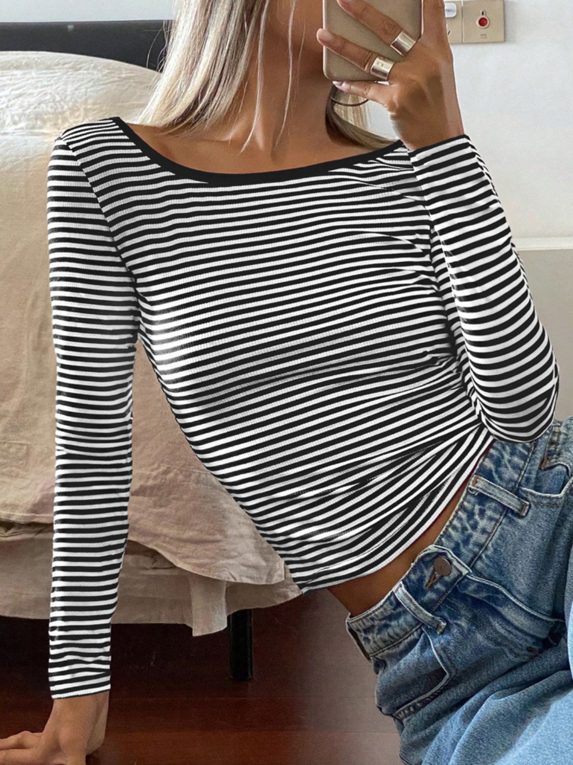 Devine Backless Striped Boat Neck Long Sleeve T-Shirt - The Daily Makeover