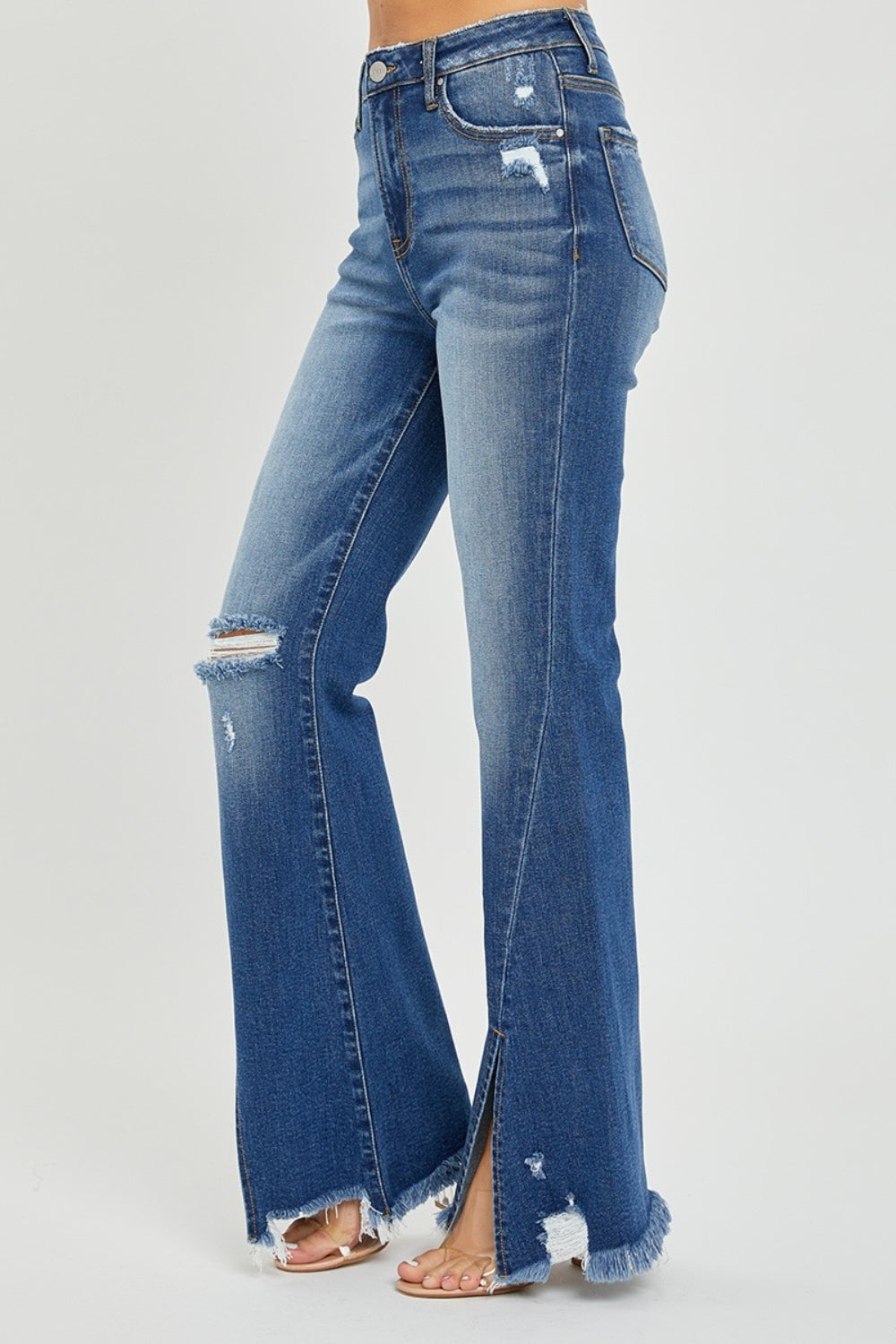 Full Size High Rise Front Slit Frayed Hem Flare Jeans - The Daily Makeover