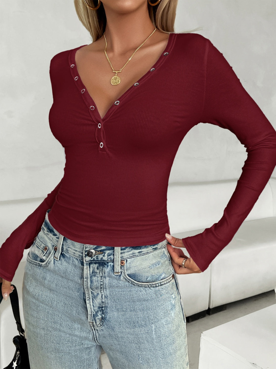 V-Neck Long Sleeve T-Shirt - The Daily Makeover