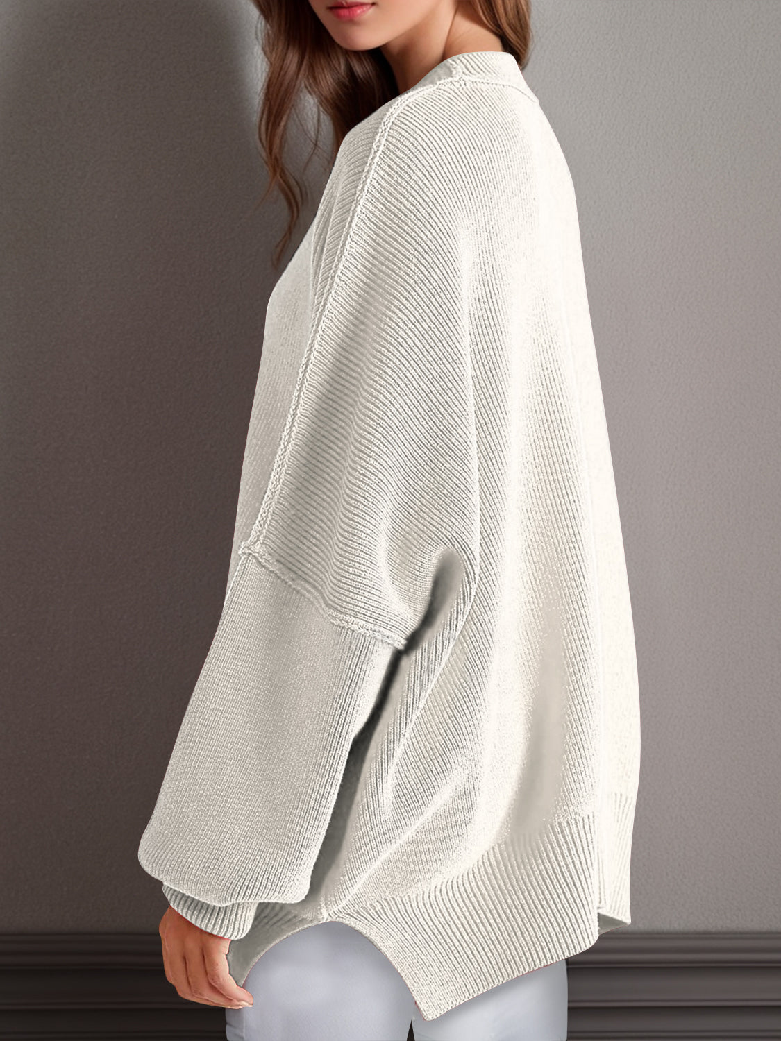 Double Take Side Slit Round Neck Long Sleeve Sweater - The Daily Makeover