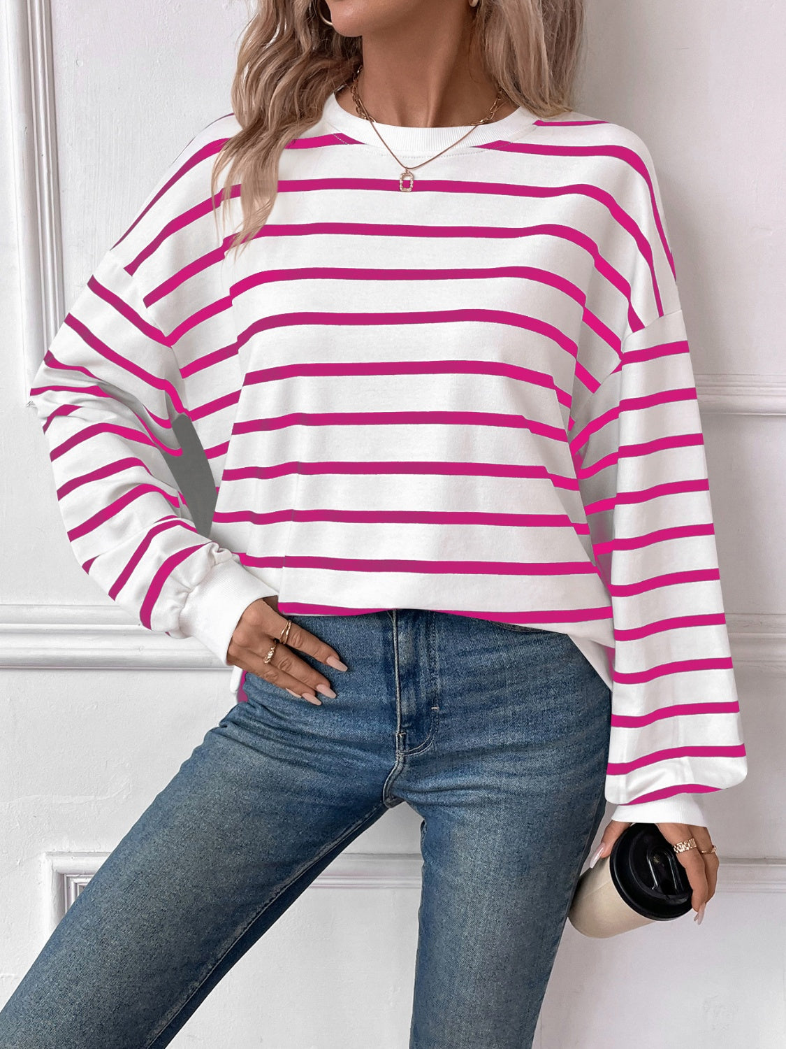 Striped Round Neck Long Sleeve Sweatshirt - The Daily Makeover