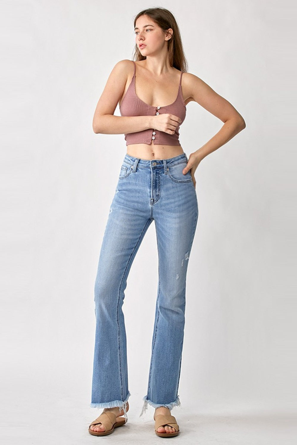High Rise Frayed Hem Bootcut Jeans - The Daily Makeover