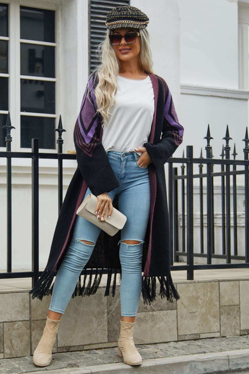 Angel Wings Geometric Fringe Hem Open Front Duster Cardigan - The Daily Makeover