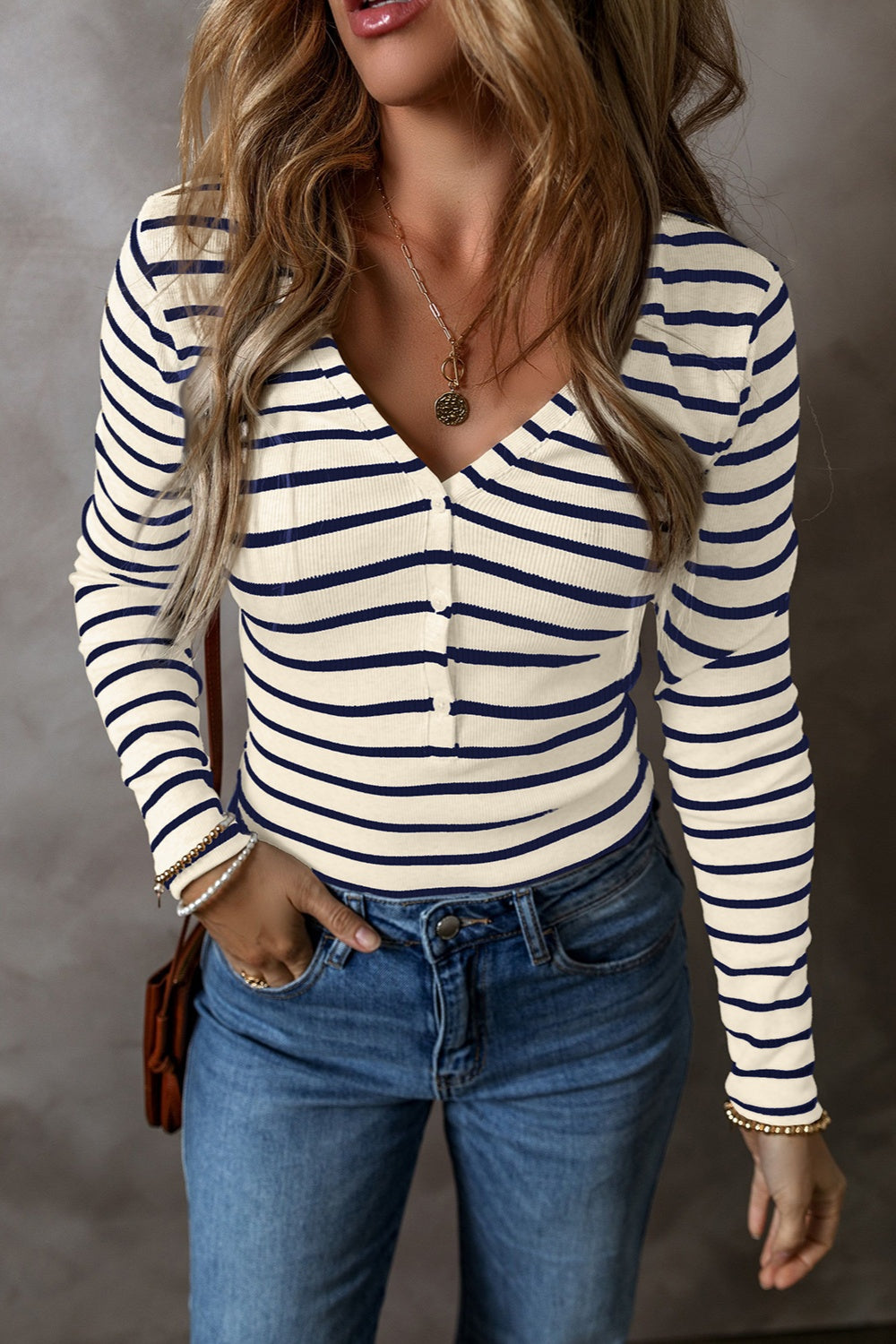 Striped V-Neck Long Sleeve Top - The Daily Makeover