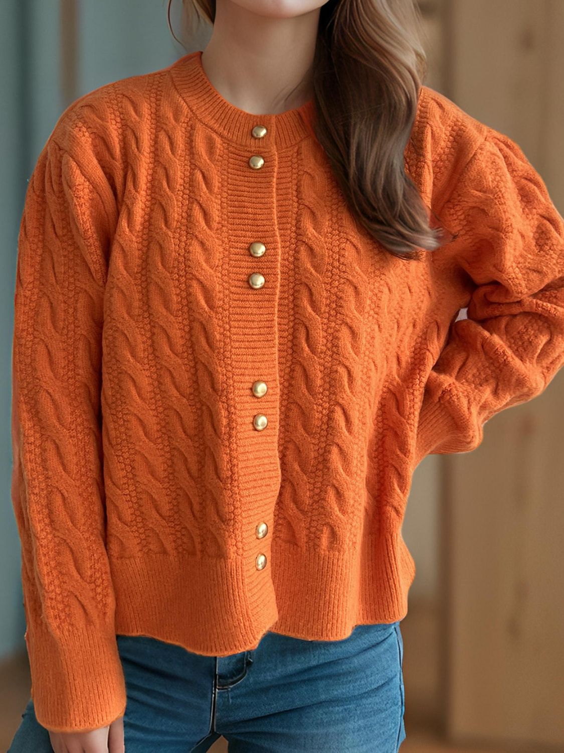 Cable-Knit Round Neck Long Sleeve Cardigan - The Daily Makeover