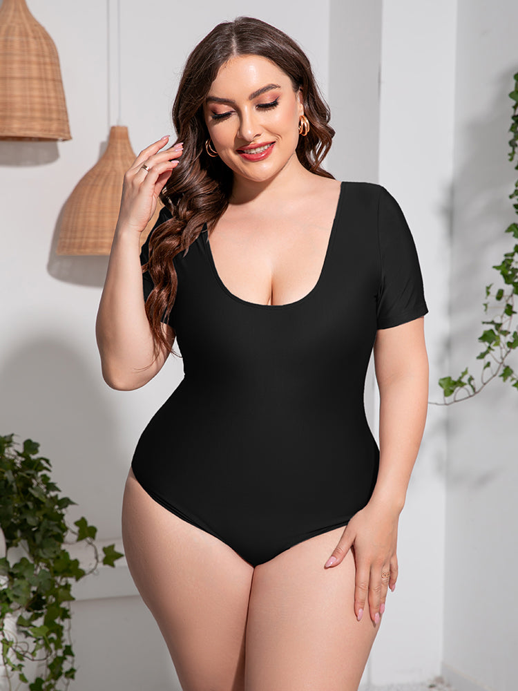 Plus Size Scoop Neck Short Sleeve One-Piece Swimsuit - The Daily Makeover