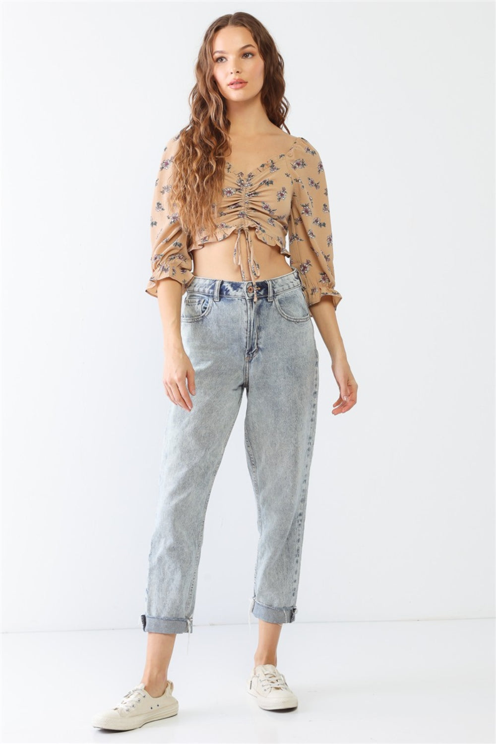 Miss Love / Kevin Co. Floral Ruffle Smocked Back Ruched Crop Top - The Daily Makeover