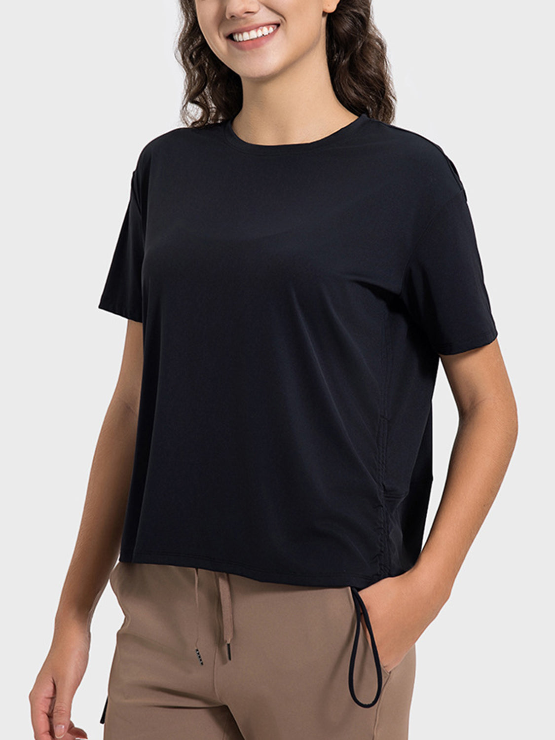 Drawstring Round Neck Short Sleeve Active T-Shirt - The Daily Makeover