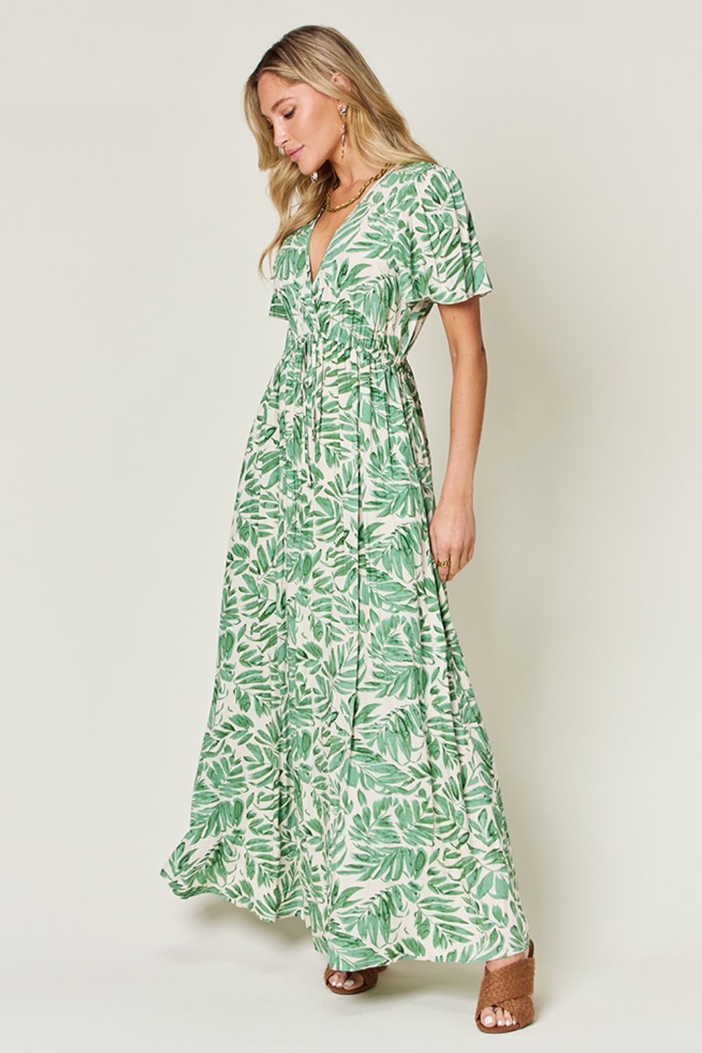 Double Take Full Size Printed Drawstring Short Sleeve Dress - The Daily Makeover