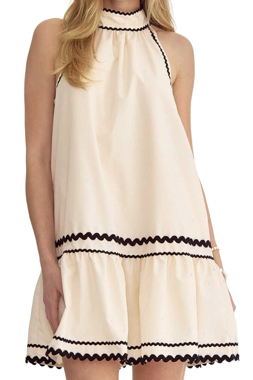 Khaki Striped Ricrac Sleeveless Mini Dress - The Daily Makeover