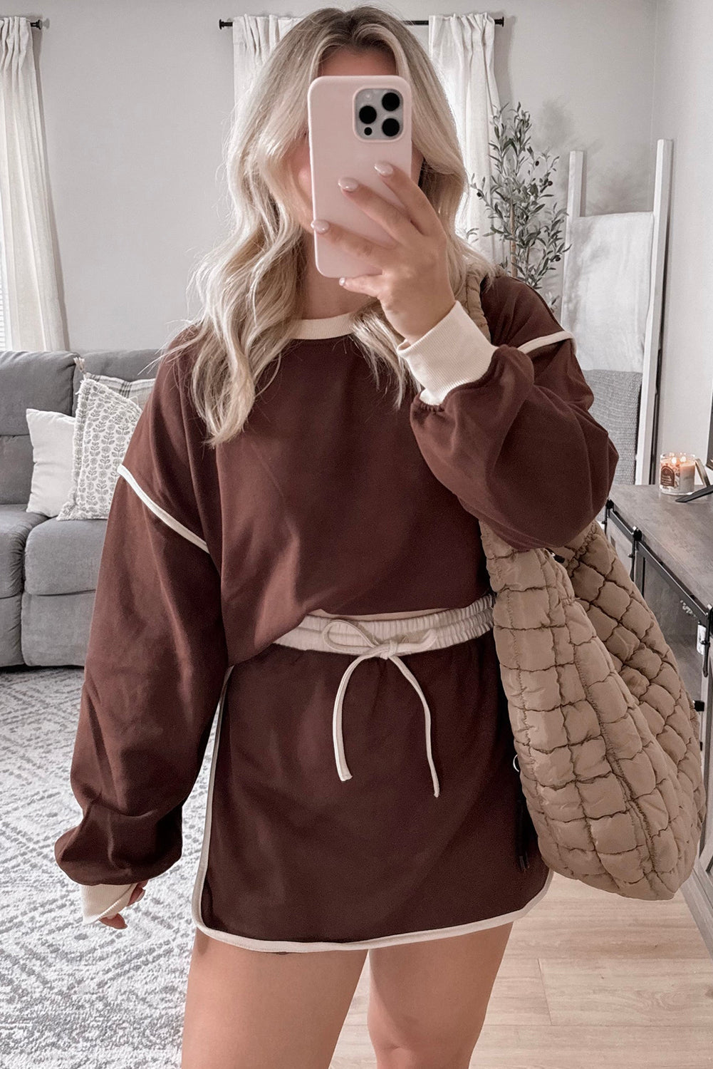 Evergreen Contrast Trim Loose Pullover and Lace-up Waist Skort Set - The Daily Makeover