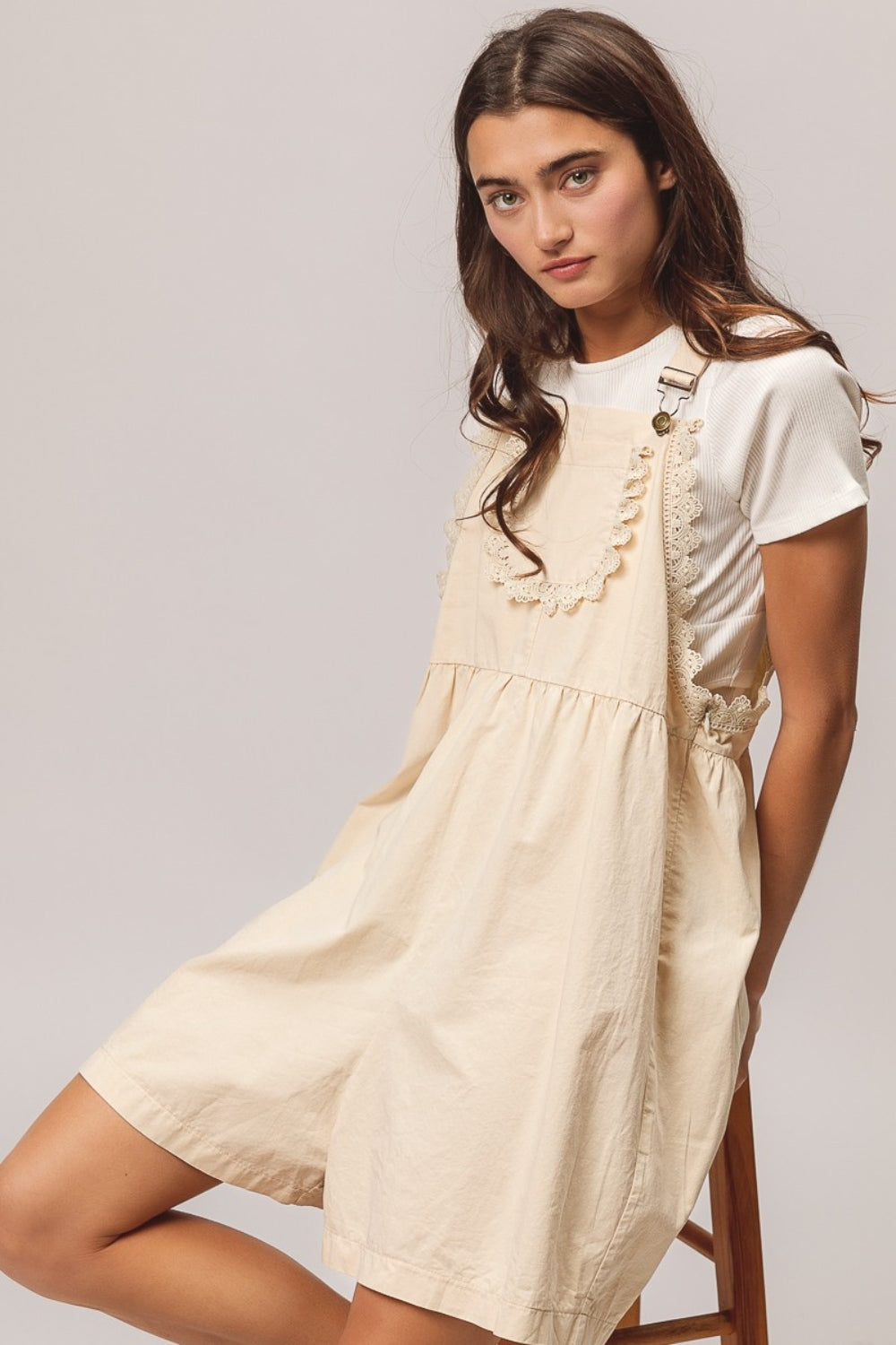BiBi Back Patch Pocket Lace Trim Rompers - The Daily Makeover