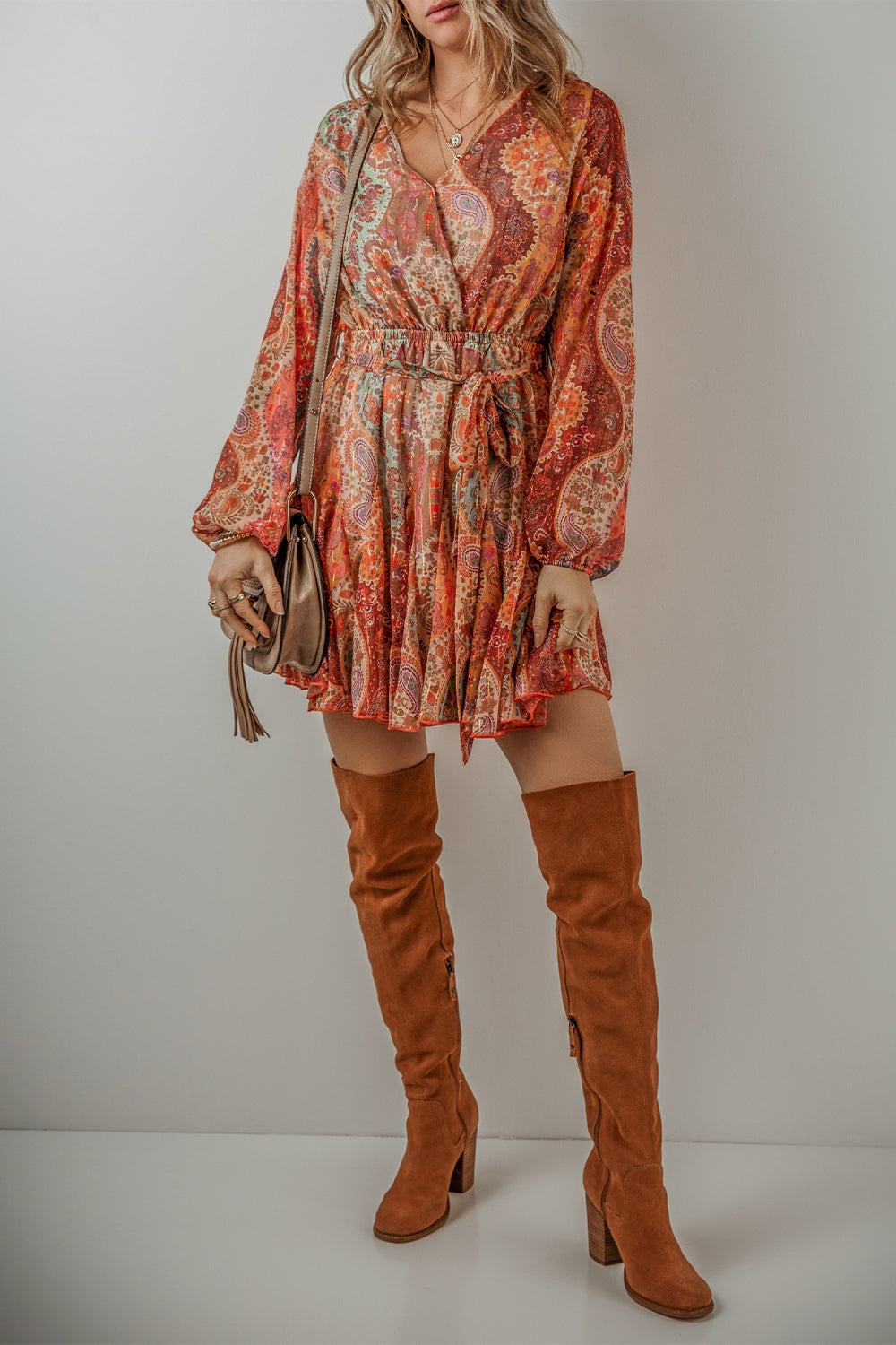 Tied Printed Balloon Sleeve Mini Dress - The Daily Makeover