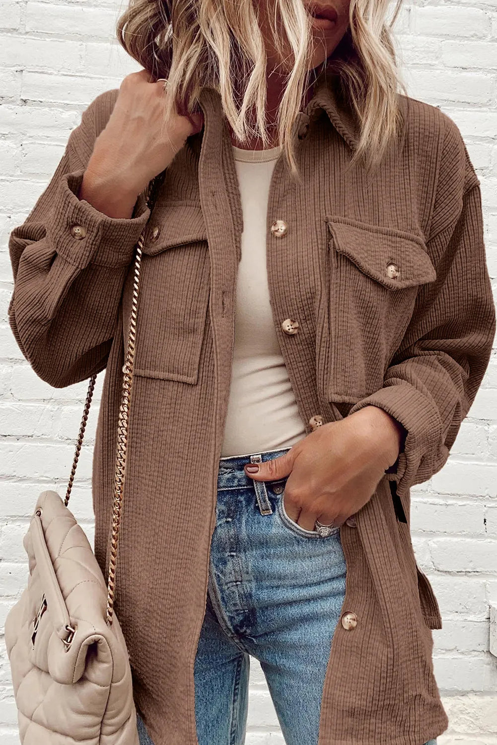 Pocketed Button Up Dropped Shoulder Shacket - The Daily Makeover