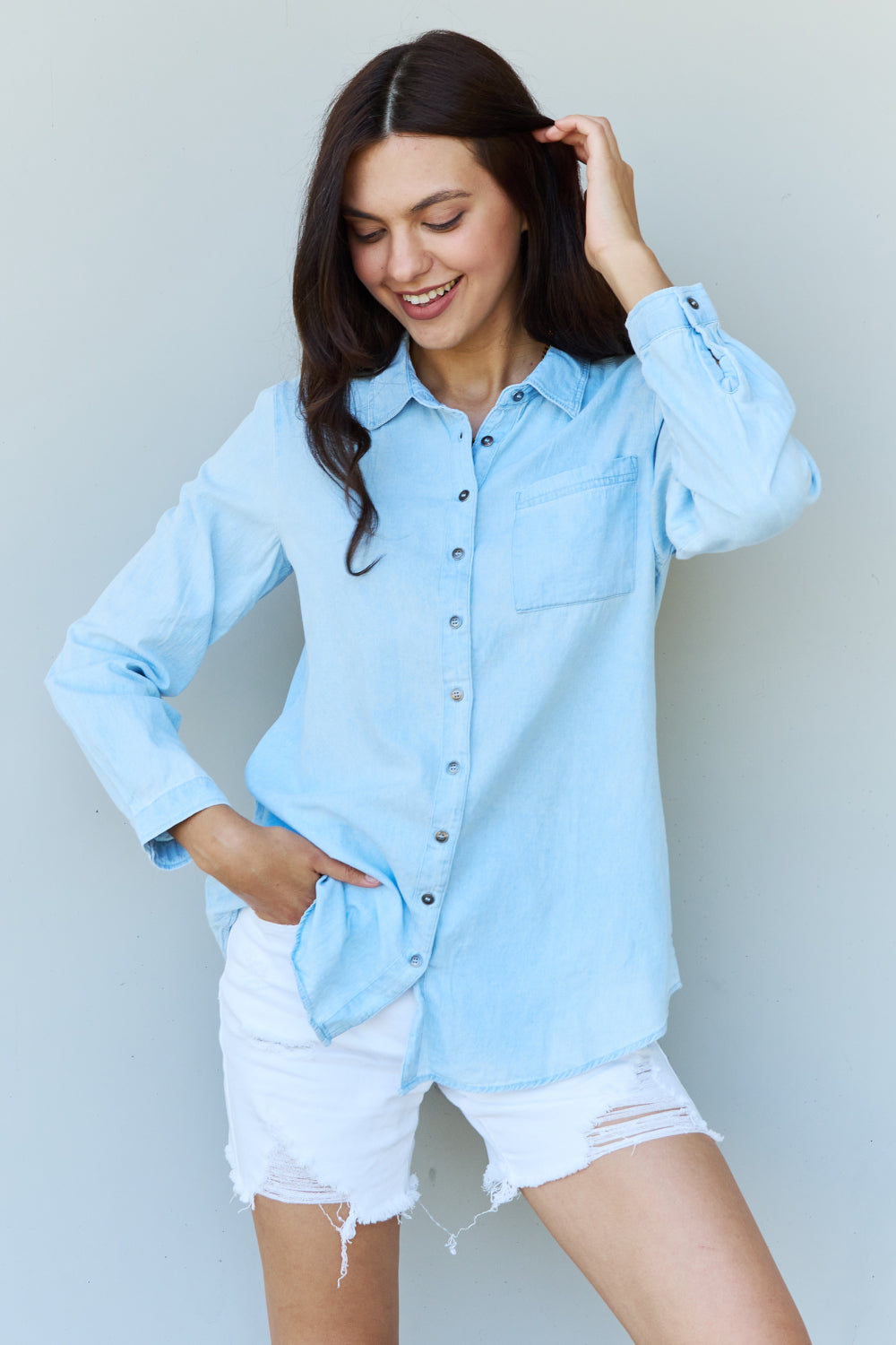 Doublju Blue Jean Baby Denim Button Down Shirt Top in Light Blue - The Daily Makeover