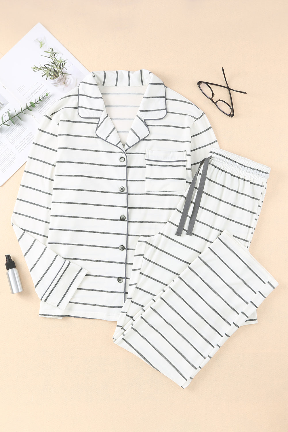 Striped V-Neck Long Sleeve Top and Pants Lounge Set - The Daily Makeover