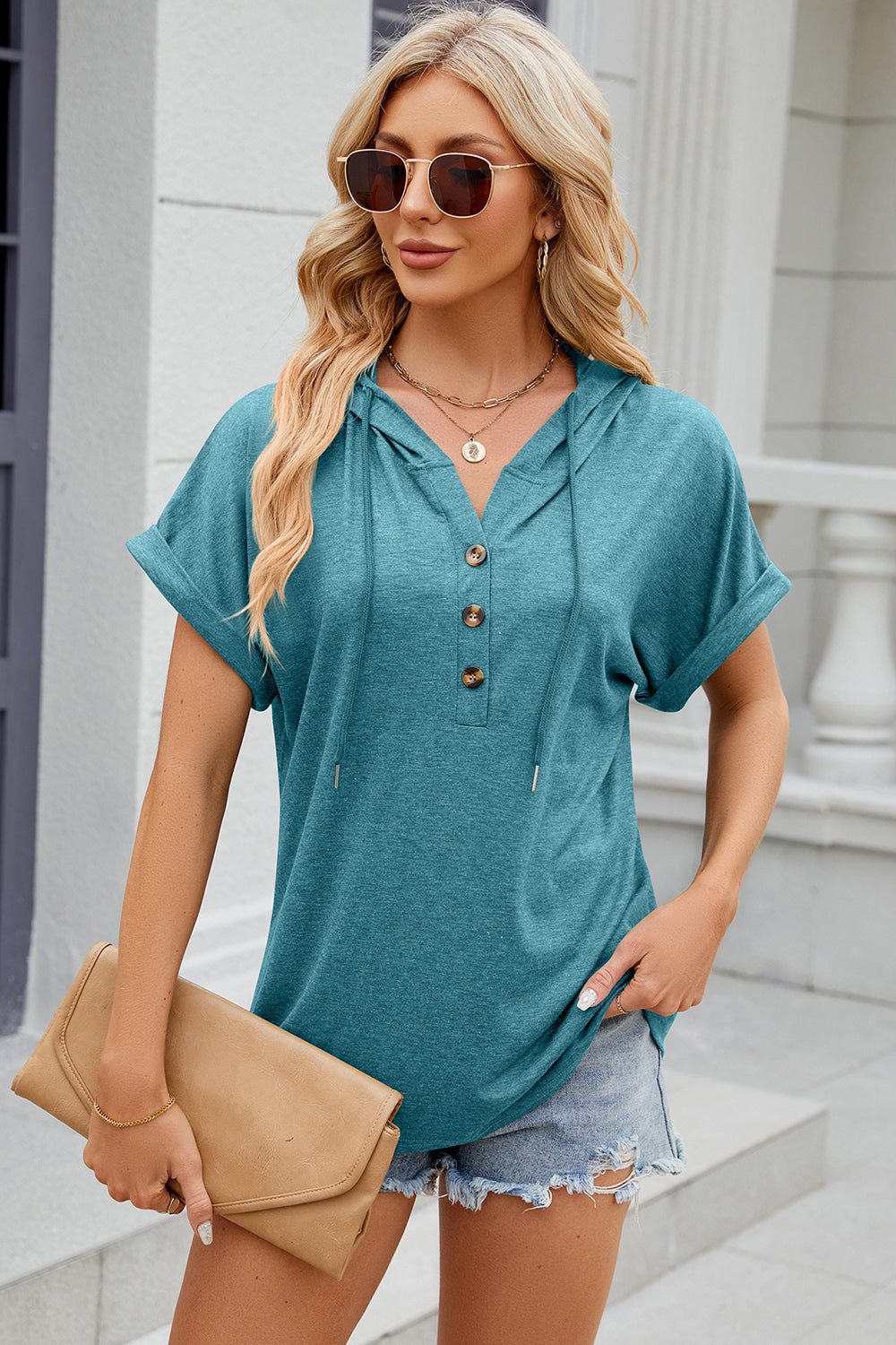 Half Button Drawstring Short Sleeve Hooded T-Shirt - The Daily Makeover