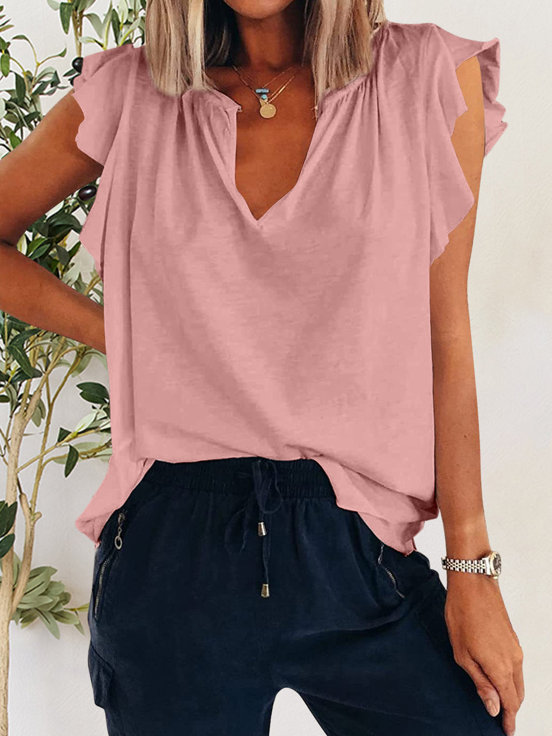 Ruffled Notched Cap Sleeve T-Shirt - The Daily Makeover
