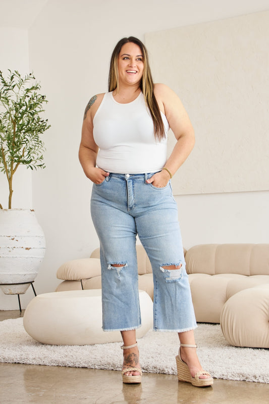 RFM Full Size Tummy Control High Waist Raw Hem Distressed Jeans - The Daily Makeover