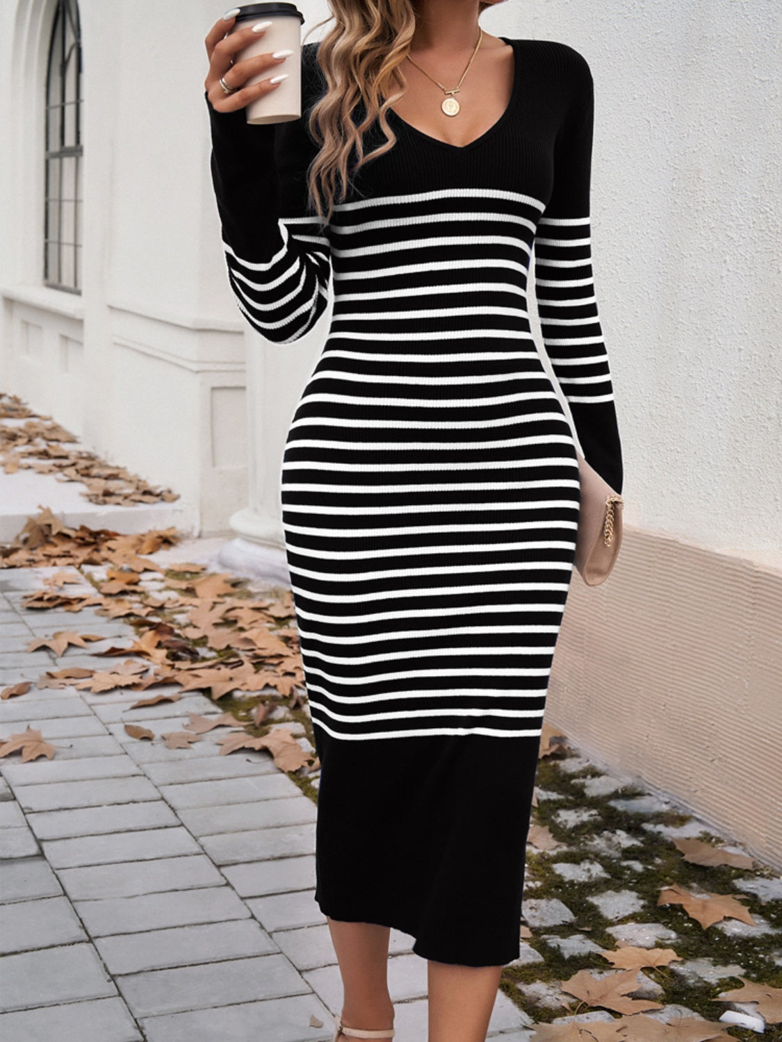 Devine Striped V-Neck Long Sleeve Sweater Dress - The Daily Makeover