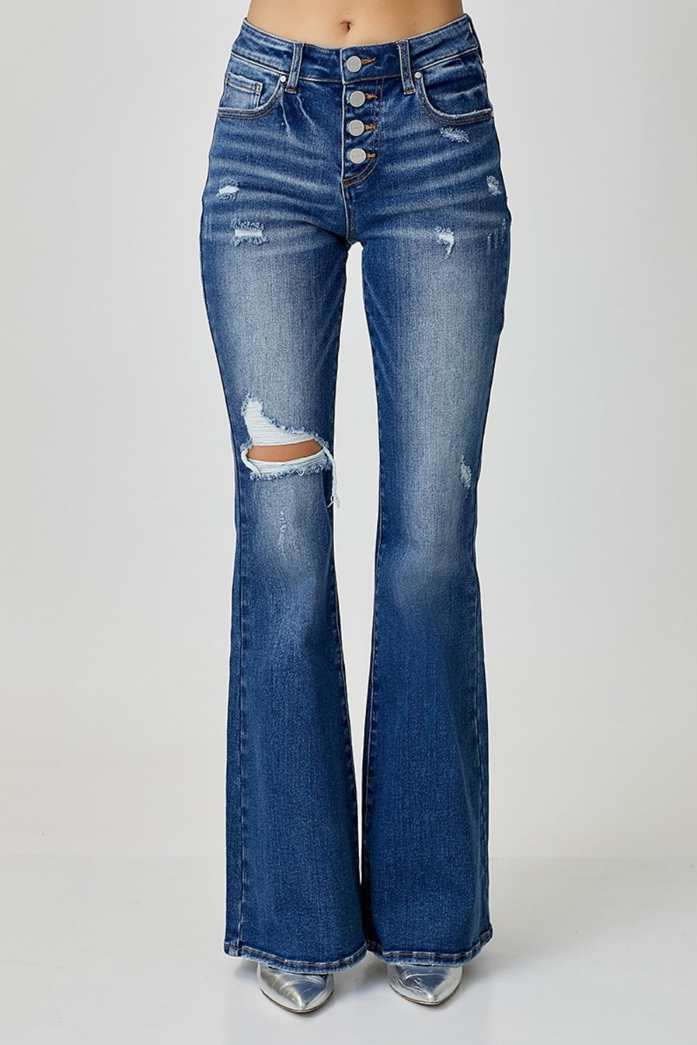 Distressed Button-Fly Flare Jeans - The Daily Makeover