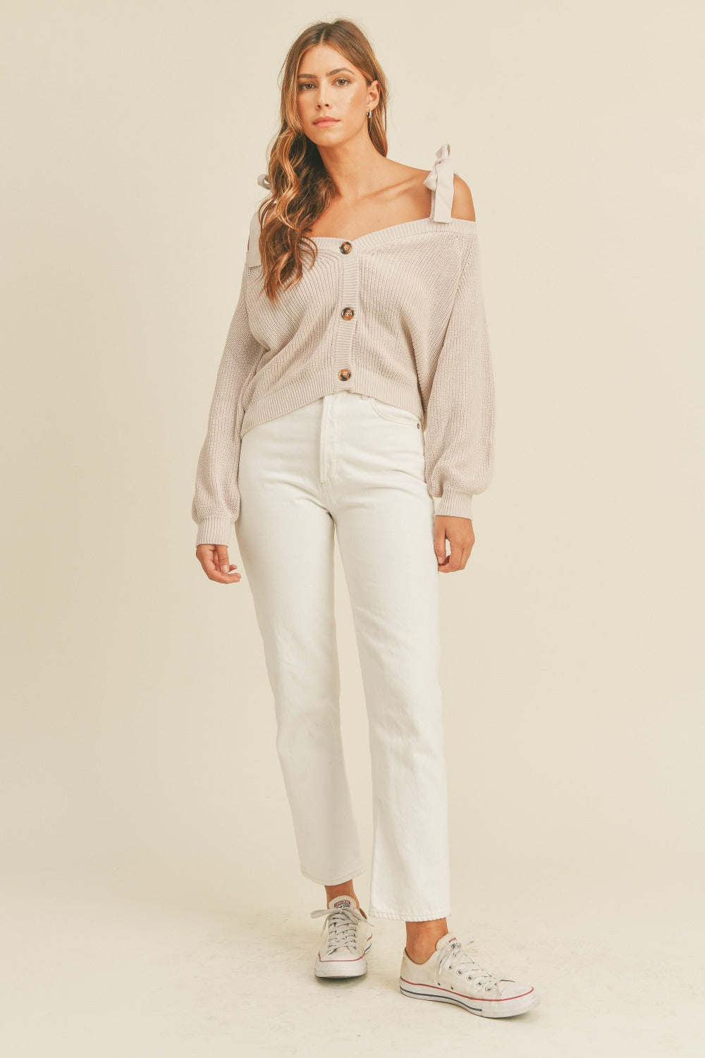 MABLE Off Shoulder Self Tie Strap Button Down Sweater - The Daily Makeover