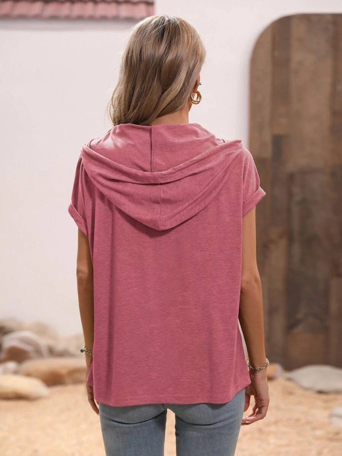 Half Button Hooded Short Sleeve Blouse - The Daily Makeover