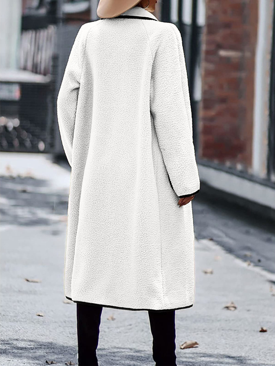 Full Size Contrast Trim Long Sleeve Coat with Pockets - The Daily Makeover