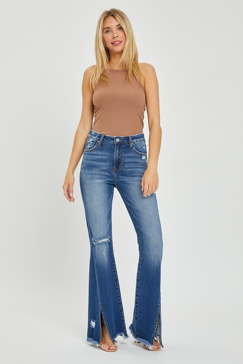 Full Size High Rise Front Slit Frayed Hem Flare Jeans - The Daily Makeover
