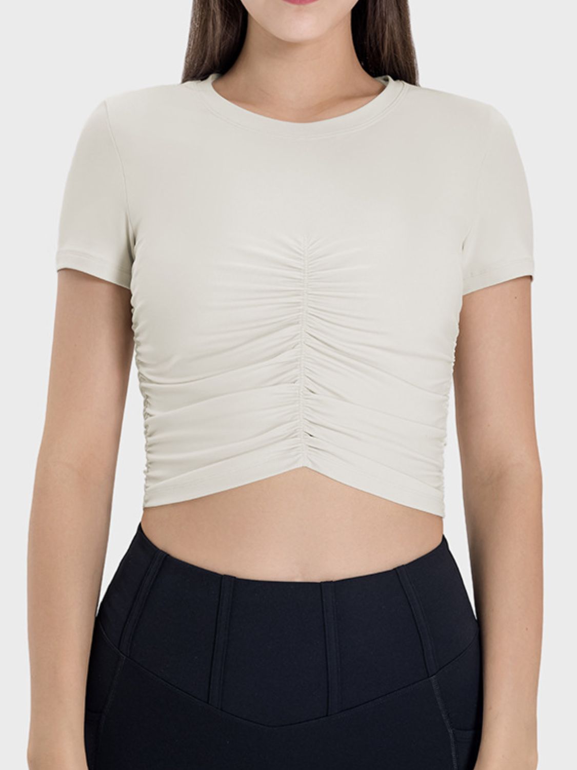 Millennia Ruched Round Neck Short Sleeve Active T-Shirt - The Daily Makeover