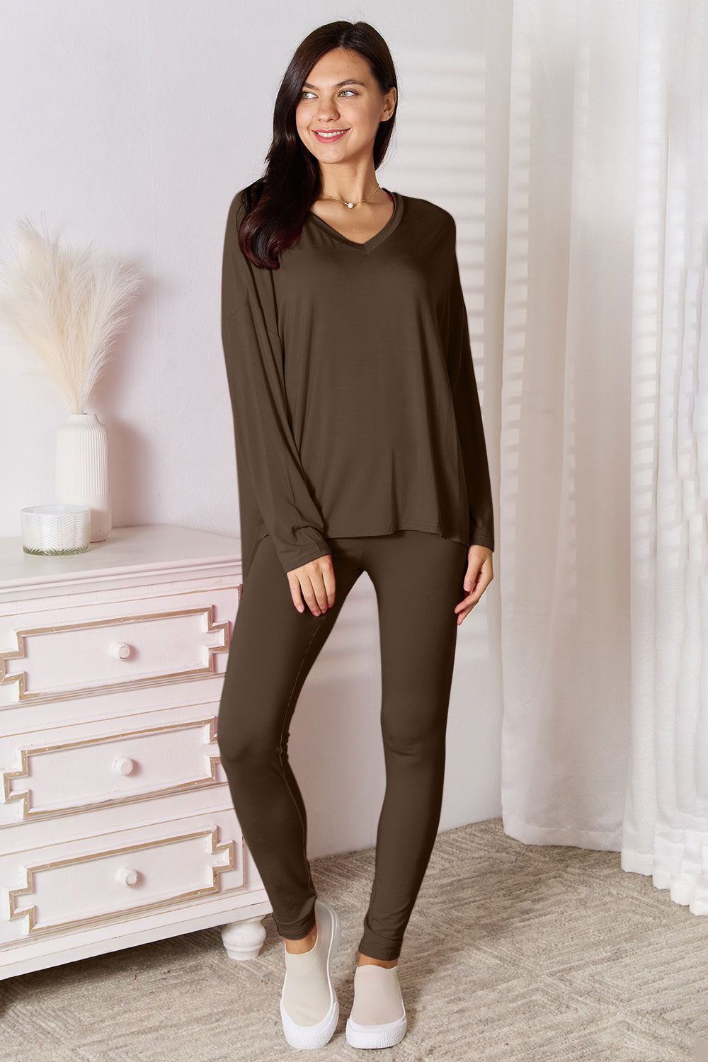 Basic Bae Bamboo Full Size V-Neck Long Sleeve Top and Pants Lounge Set - The Daily Makeover