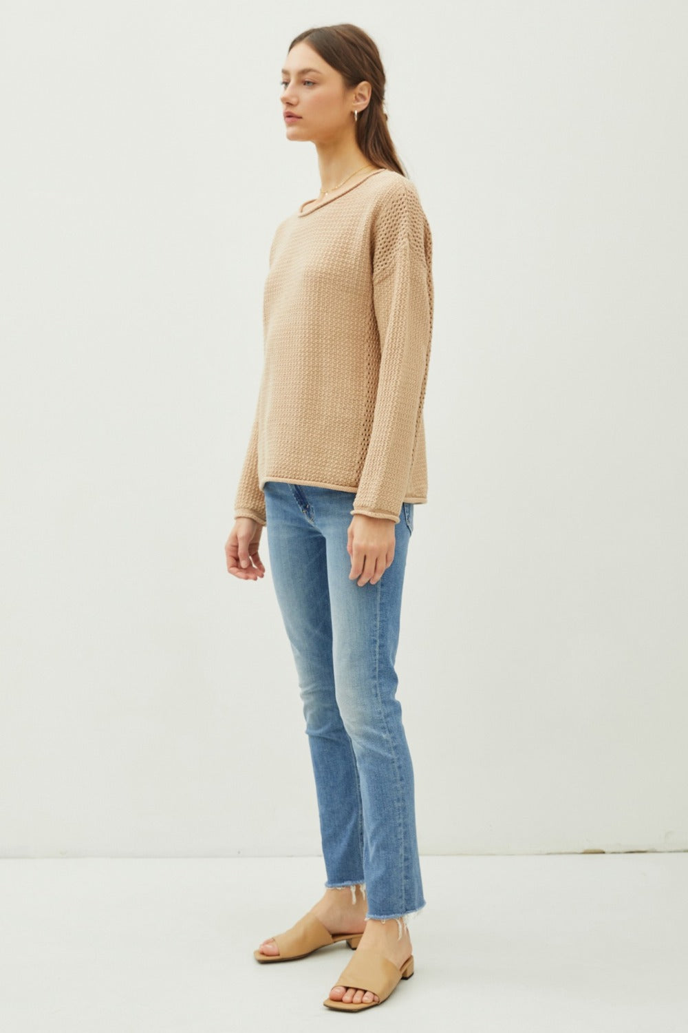 Be Cool Rolled Openwork Round Neck Sweater - The Daily Makeover