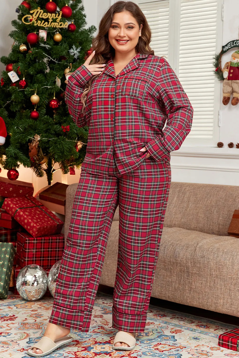 Plus Size Plaid Collared Neck Top and Pants Lounge Set - The Daily Makeover