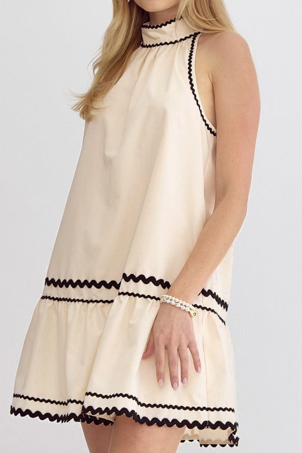 Khaki Striped Ricrac Sleeveless Mini Dress - The Daily Makeover