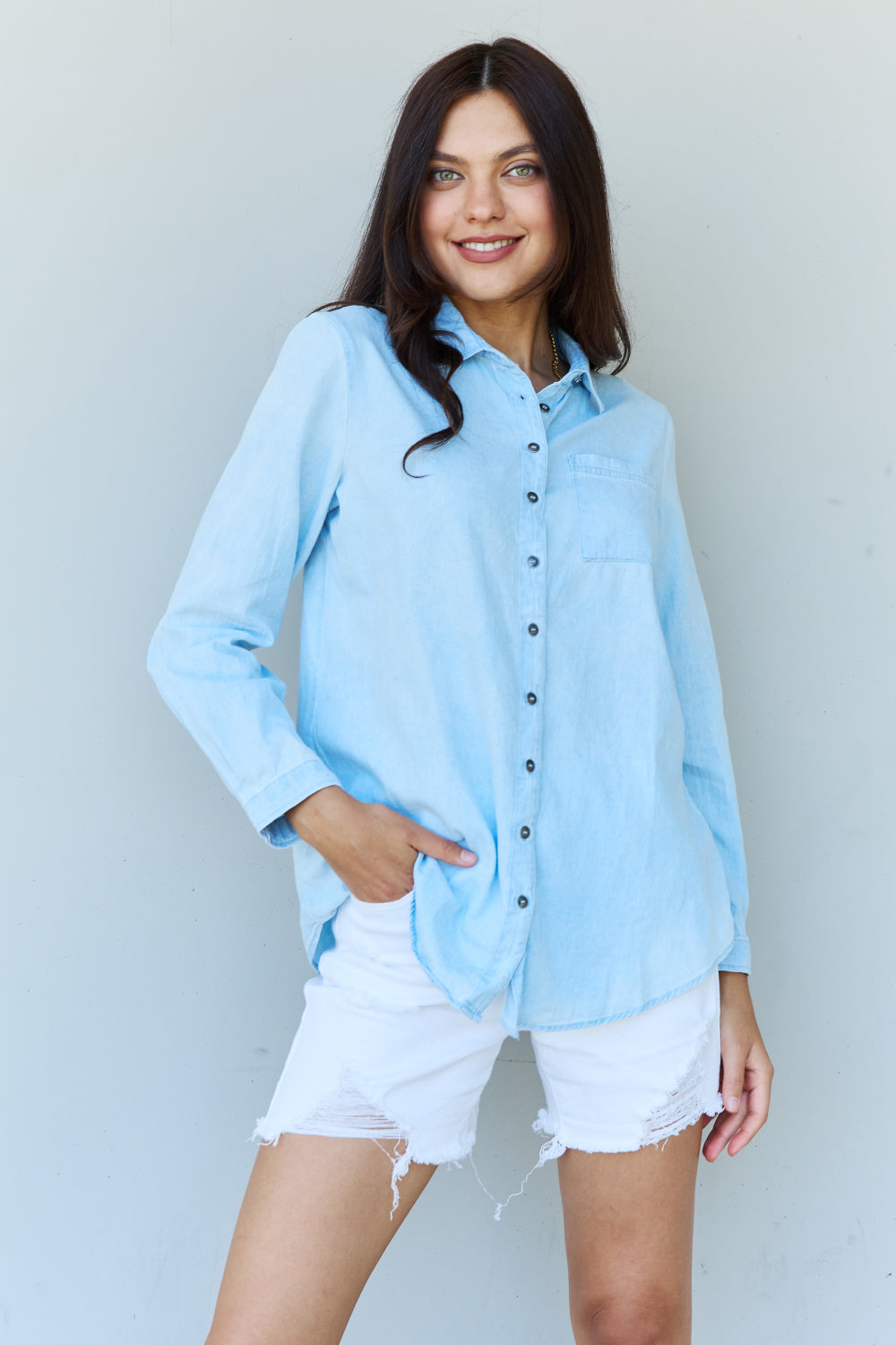 Doublju Blue Jean Baby Denim Button Down Shirt Top in Light Blue - The Daily Makeover