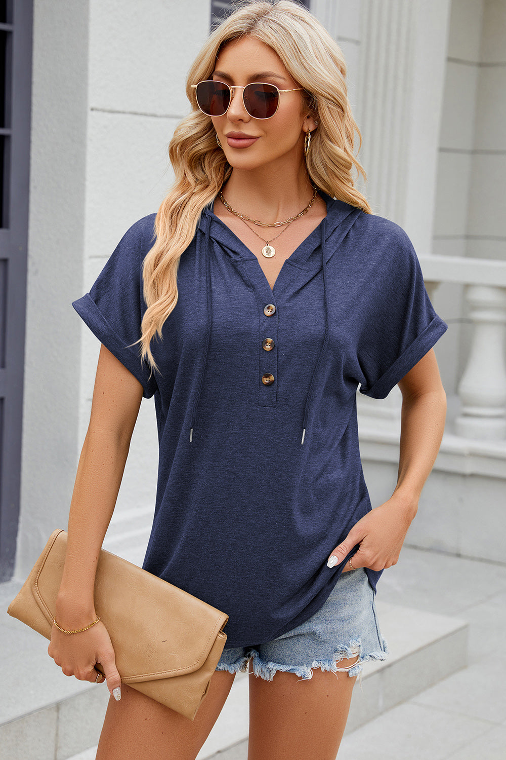 Half Button Drawstring Short Sleeve Hooded T-Shirt - The Daily Makeover