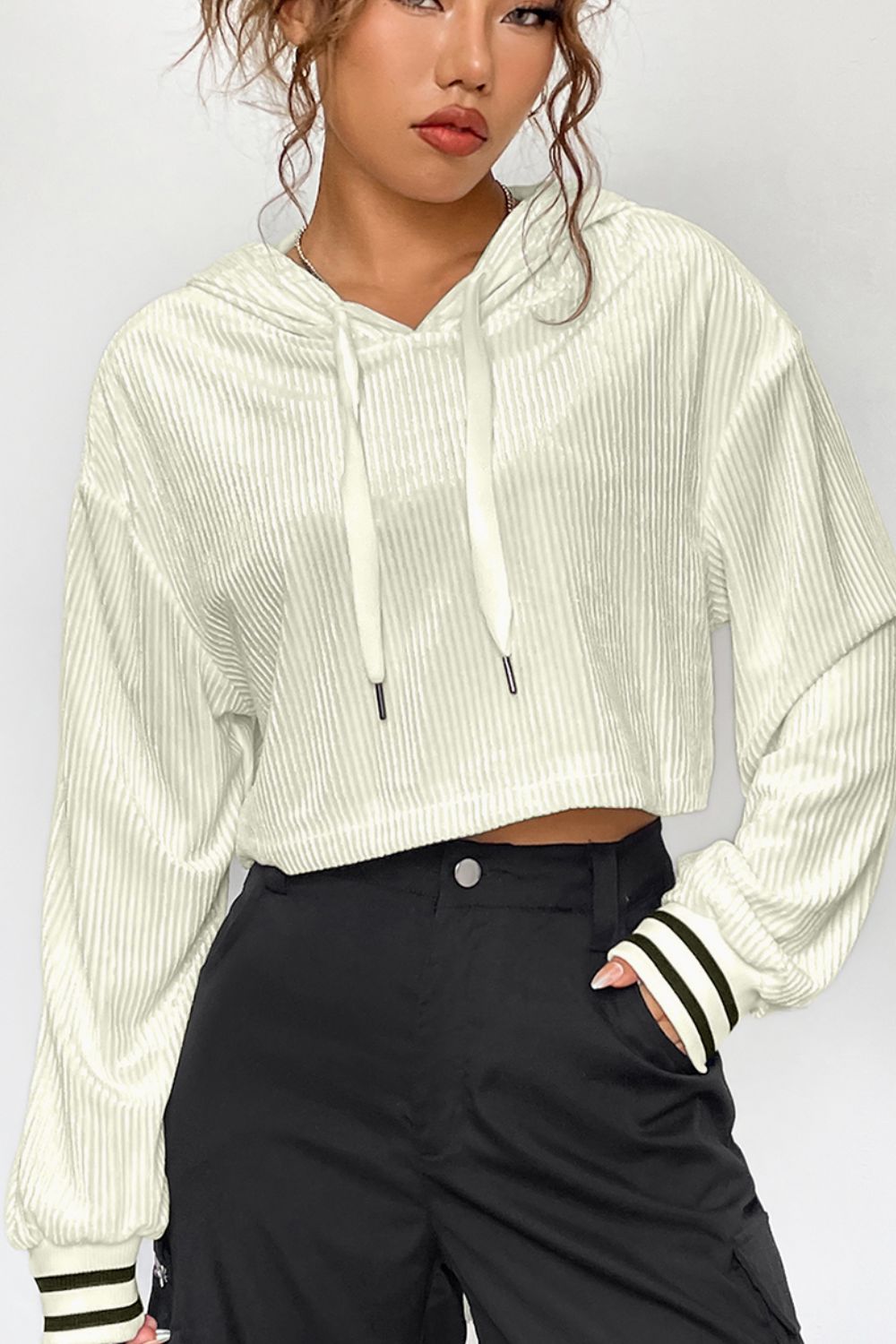 Drawstring Drop Shoulder Long Sleeve Hoodie - The Daily Makeover