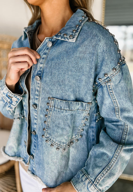 Studded Acid Wash Long Sleeve Denim Jacket - The Daily Makeover