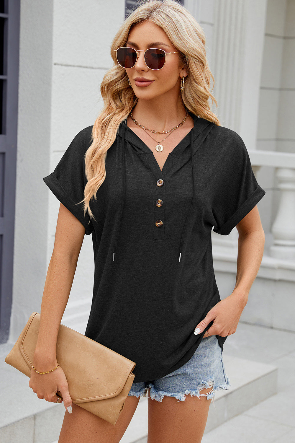 Half Button Drawstring Short Sleeve Hooded T-Shirt - The Daily Makeover